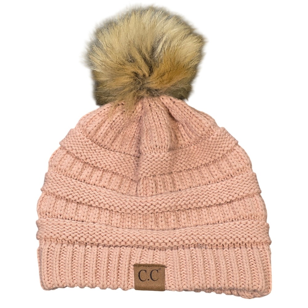 C.C Exclusives Cable Knit Beanie Wome'n OS Pink Faux Fur Pom Pom Winter Hat